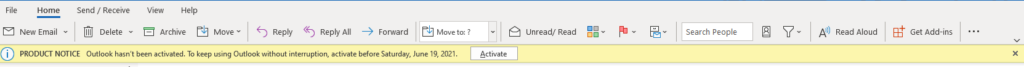 Outlook Banner Notice that Activation is required