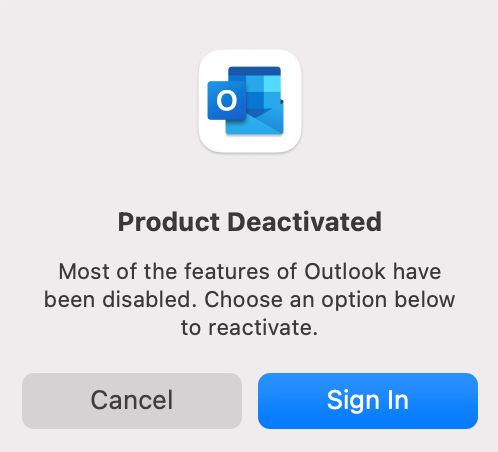 Outlook Notice that Product is Deactivated