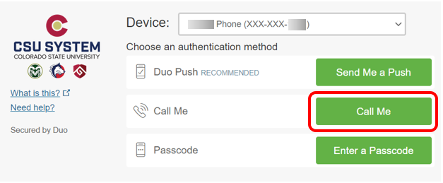 Duo Two-Factor Authentication Prompt, Call Me method