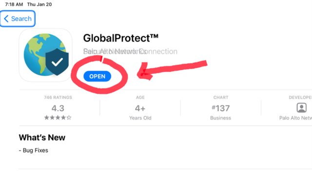 Instructional image, GlobalProtect App Store Open Button