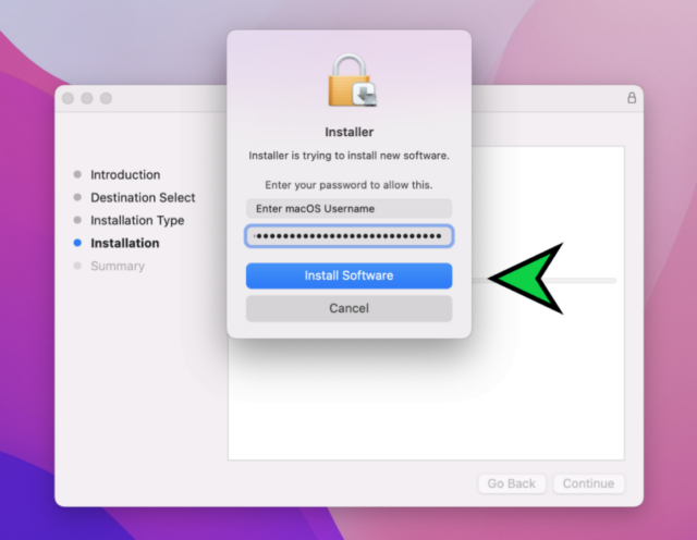 Instructional image, enter macOS username and password and select install software to begin GlobalProtect installation