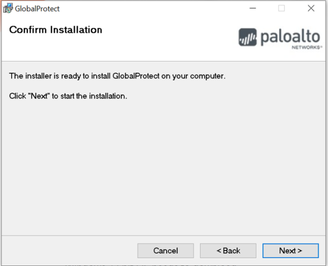 GlobalProtect Install Wizard, Confirm Installation screen, click Next to continue
