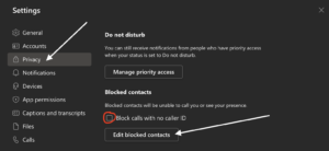 Screenshot of MS Teams Privacy Settings, Edit blocked contacts