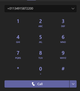 Screenshot of MS Teams dialing an international number