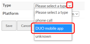 Two Factor Authentication, Add Device, Type Drop Down menu highlighting Duo Mobile App option