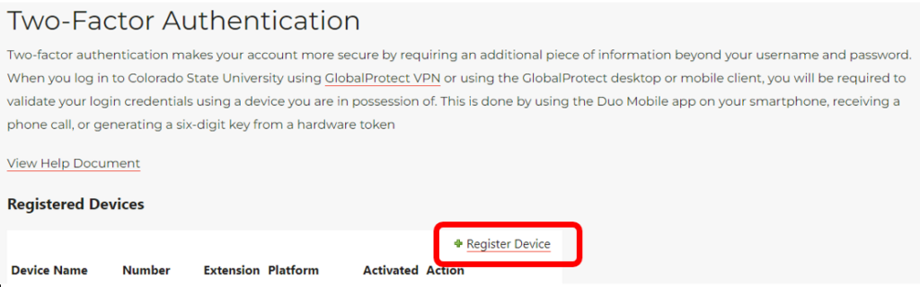Two Factor Authentication, highlighting Register Device link