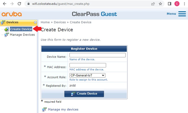 ClearPass instructional image, showing the create a device option and menu screen