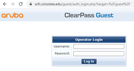 ClearPass Guest Login Screen, showing username and password fields