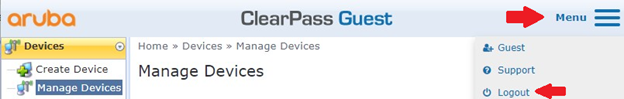 ClearPass instructional image, showing the menu and logout buttons