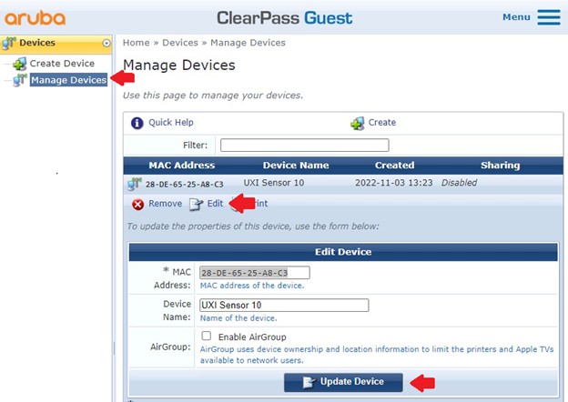 ClearPass instructional image, showing the manage devices option, edit and remove buttons, and update device button